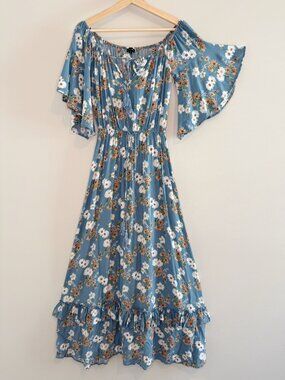 Floral Print Maxi Dress Women's S/M Blue Boho Flutter Sleeve